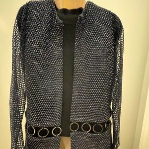 Elie Tahari Open Sheer Navy/Black Boucle Duster Cardigan Mesh Sleeves Size WXS